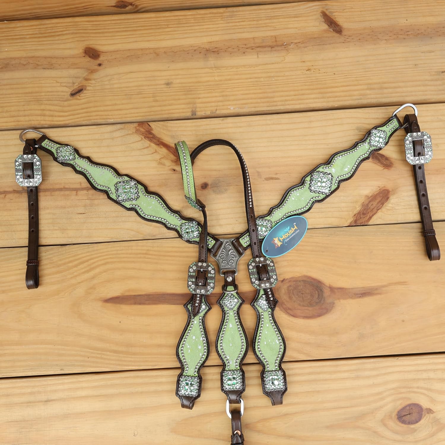 Western Leather Headstall & Breast Collar Set for Horses - Valentine's Day Silver Metallic Cowhide with Rhinestones