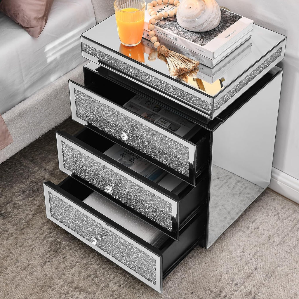 Mirrored Nightstand with 3 Drawers, Silver Nightstand with Crystal Inlay, Mirror End Table, Modern Bedside Table, Glass Table for Bedroom