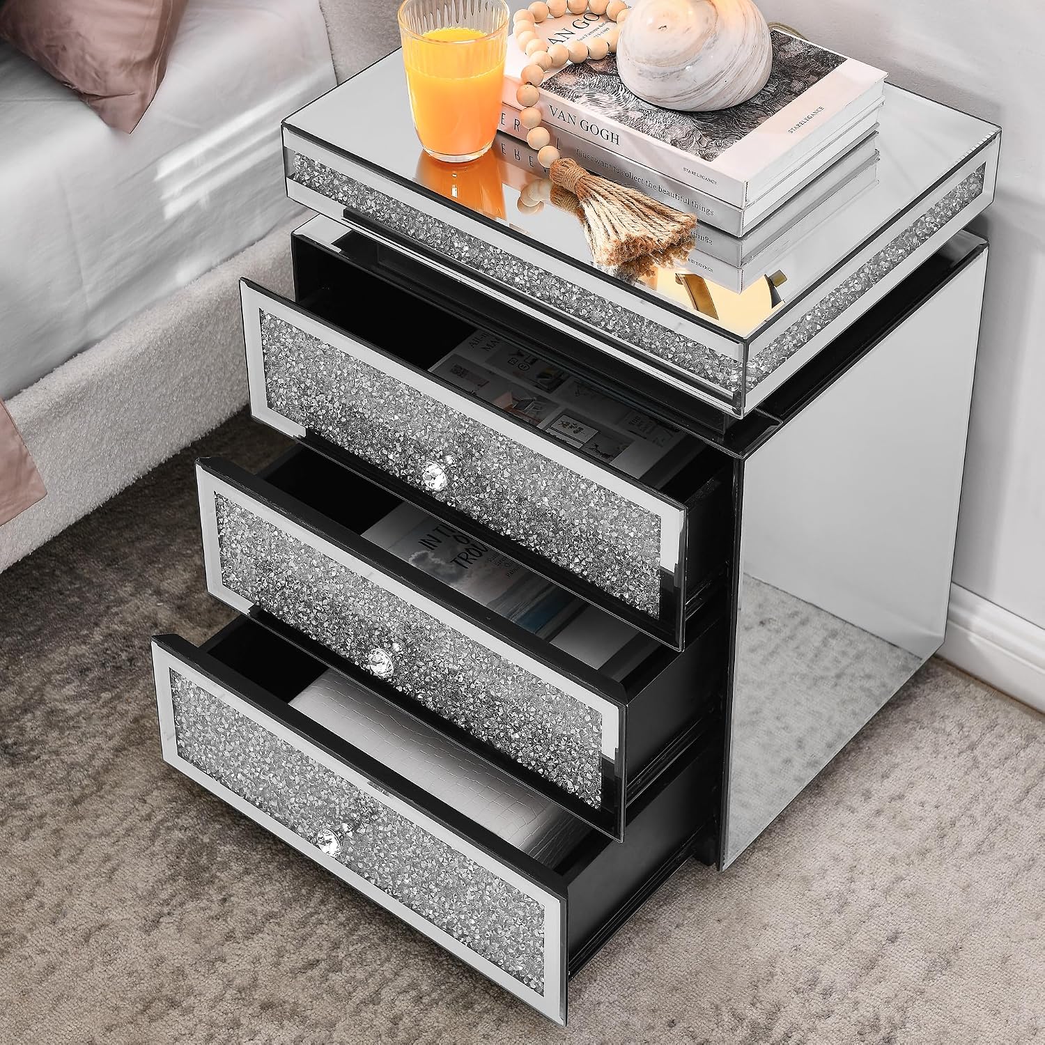 Mirrored Nightstand with 3 Drawers, Silver Nightstand with Crystal Inlay, Mirror End Table, Modern Bedside Table, Glass Table for Bedroom