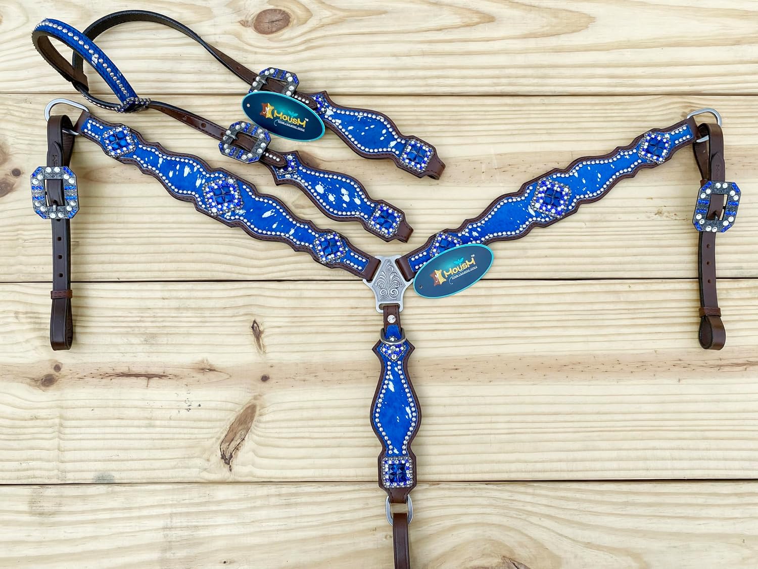 Western Leather Headstall & Breast Collar Set for Horses - Valentine's Day Silver Metallic Cowhide with Rhinestones