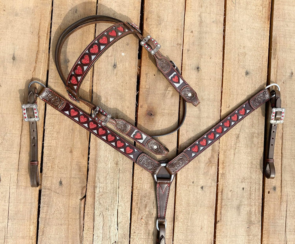 Premium Browband Horse Tack Set - Argentina Cow Leather Headstall & Breast Collar with Red Heart Design, Western Style, Durable Antique Nickel Hardware, Handcrafted Quality, Ideal for Show & Trail