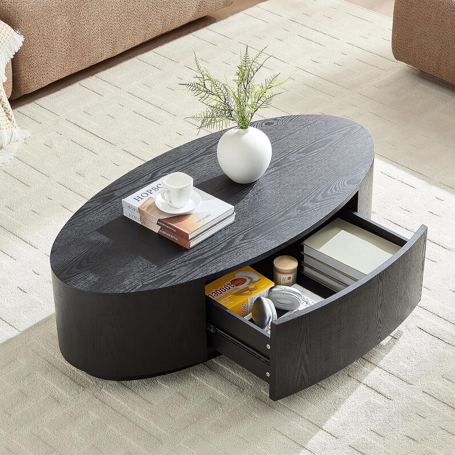 Wooden Oval Coffee Table with Storage Drawer, 47.24' Mid Century Modern Coffee Table, Unique Center Table Accent Sofa Side End Tea Table for Living Room Apartment, Black