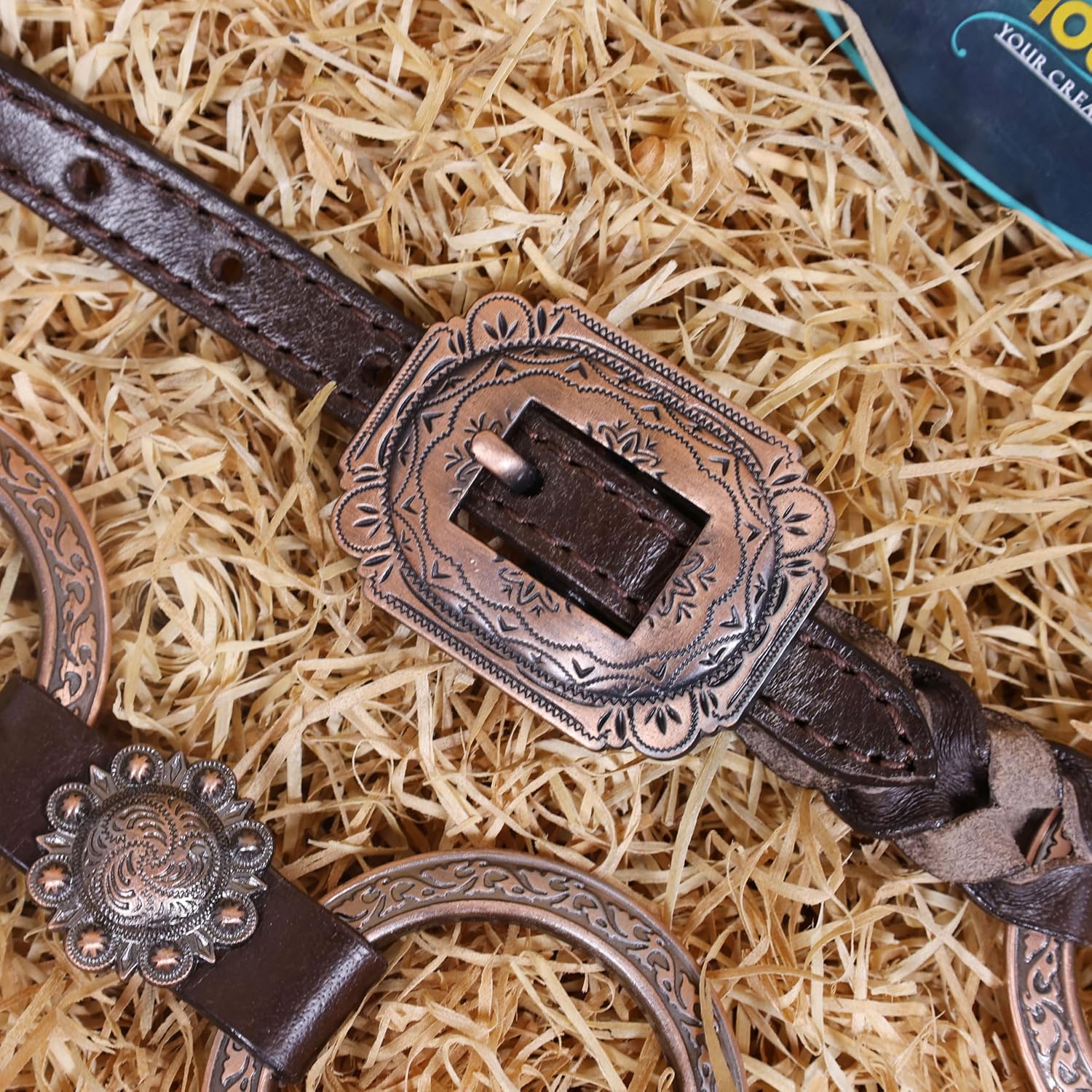Western Ring Headstall and Breast Collar Set – Copper Rings, Black Alligator Leather Braiding & Cowhide Buck Stitching – Argentina Cow Leather, Antique Copper Hardware