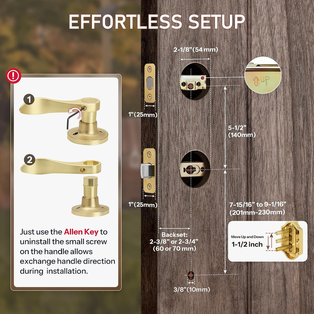 Double Front Door Handle Set with Dummy and Deadbolt, Brushed Gold Entry Front Door Lock Set with Gold Classic Half Grip Curved Door Handle for Exterior Doors or Office, Satin Brass