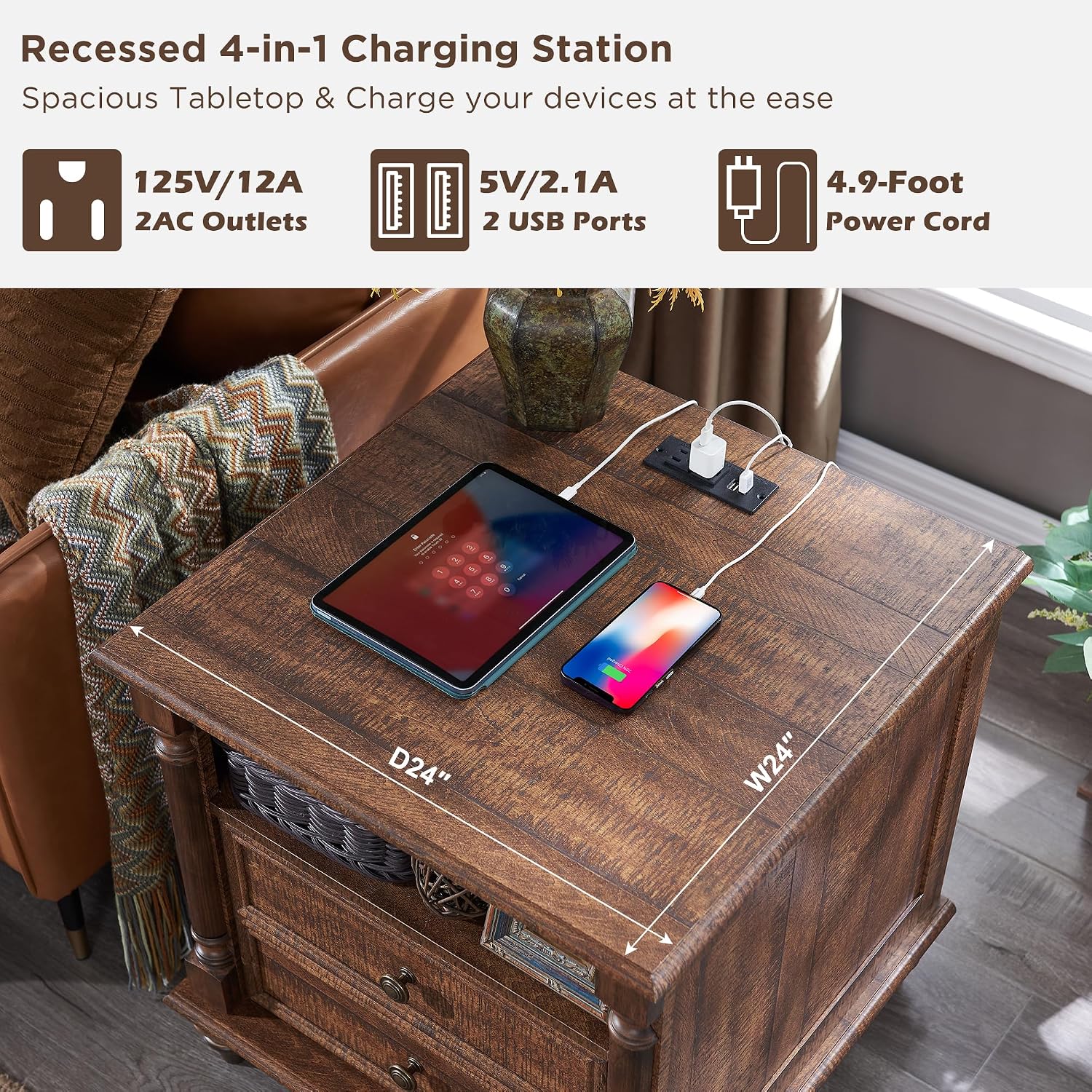 T4TREAM 24'' Farmhouse End Table w/4 Solid Wood Feet, Large 2 Drawers Wide Sofa Side Table with Charging Station, Tall Rustic Wood Square Nightstand for Living Room, Bedroom, Office,Reclaimed Barnwood