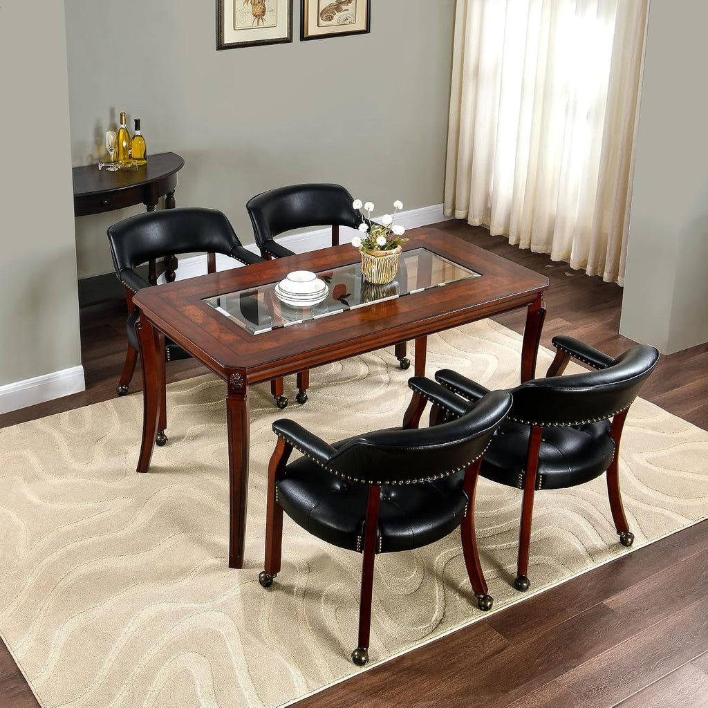Rectangular Glass Dining Table 59' with Cherry Veneer Frame and Solid Wood Legs, for 4-6 People Tempered Glass Tabletop for Dining Room or Kitchen,Easy Assemble, Cherry Brown, CZ-A1168-GT