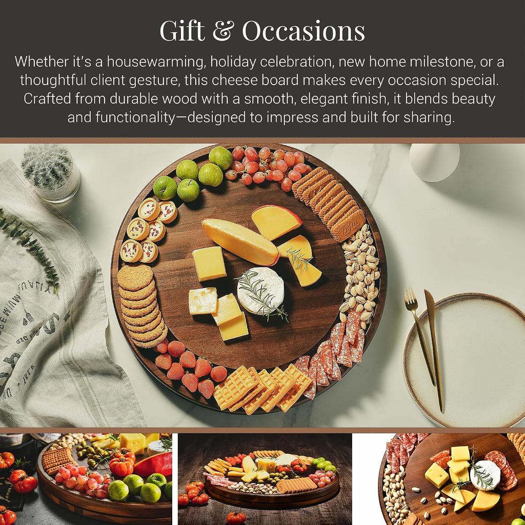 Shanik Acacia Wood Rotating Cheese Board – Round Lazy Susan Charcuterie Platter for Appetizers, Crackers, Meat, and Cheese Serving Tray