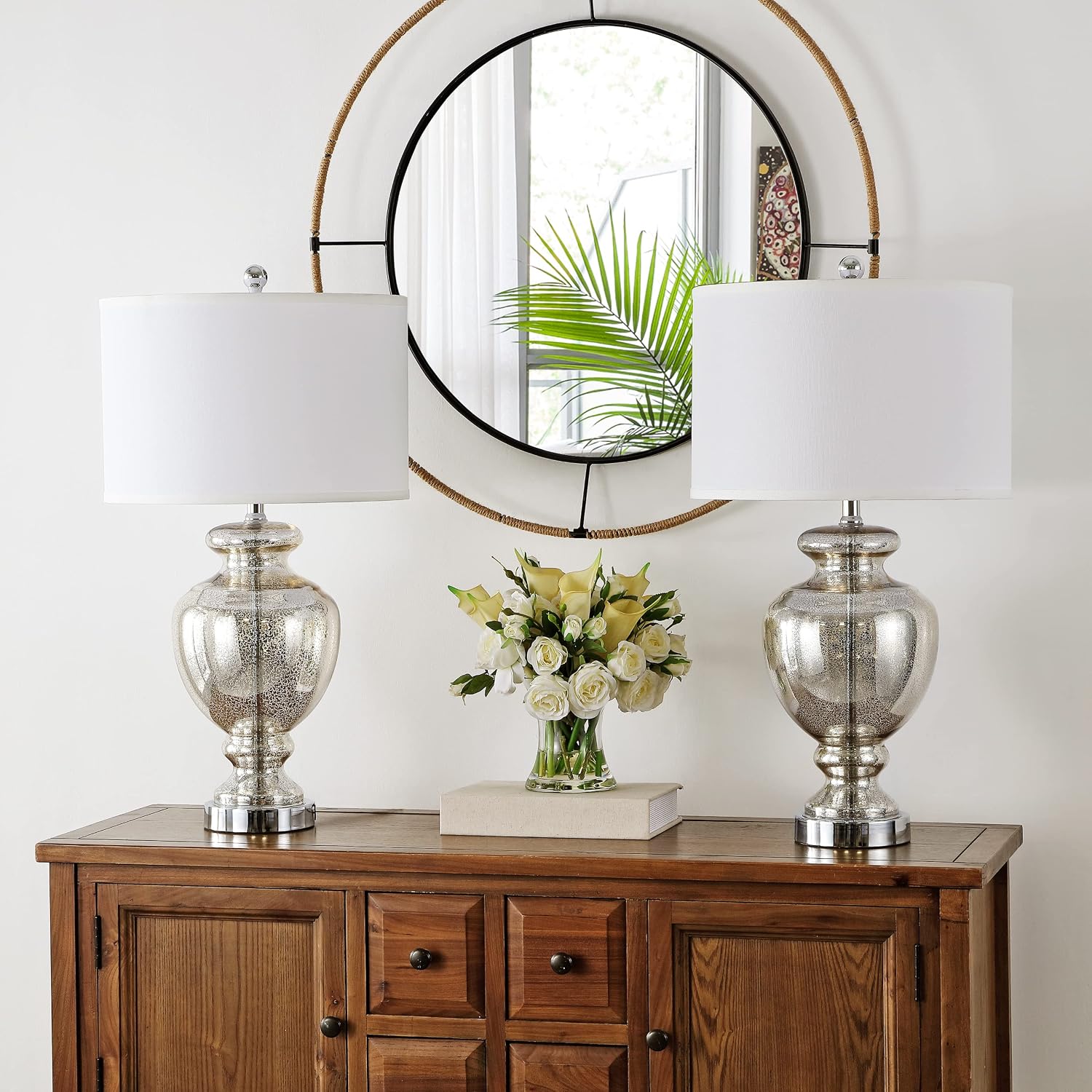 SAFAVIEH Lighting Collection Morocco Mercury Glass 28-inch Table Lamp Set of 2 with USB Charging Port (LED Bulbs Included)