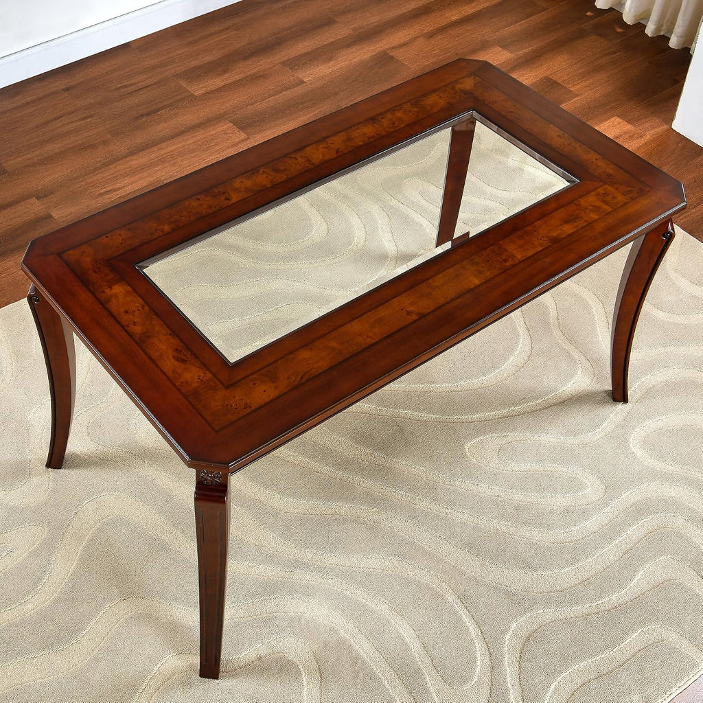 Rectangular Glass Dining Table 59' with Cherry Veneer Frame and Solid Wood Legs, for 4-6 People Tempered Glass Tabletop for Dining Room or Kitchen,Easy Assemble, Cherry Brown, CZ-A1168-GT
