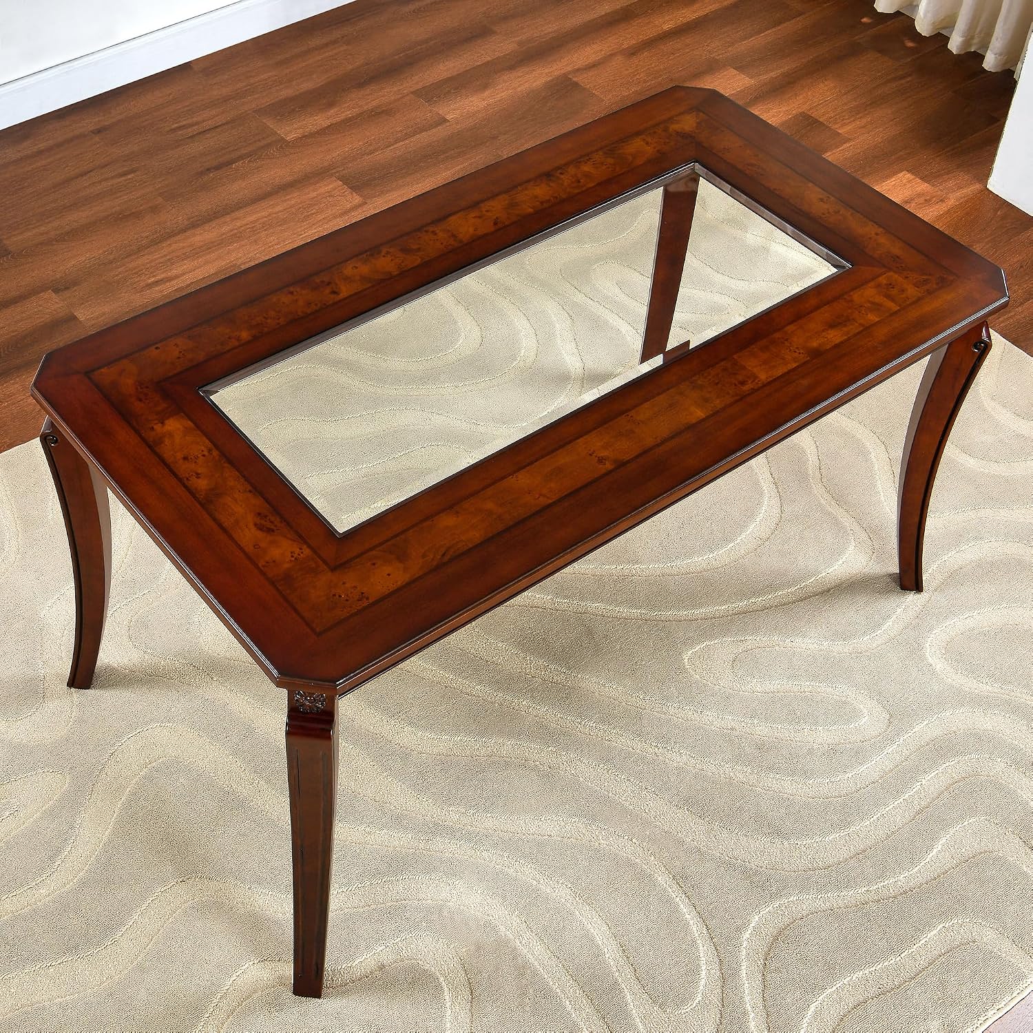Rectangular Glass Dining Table 59' with Cherry Veneer Frame and Solid Wood Legs, for 4-6 People Tempered Glass Tabletop for Dining Room or Kitchen,Easy Assemble, Cherry Brown, CZ-A1168-GT