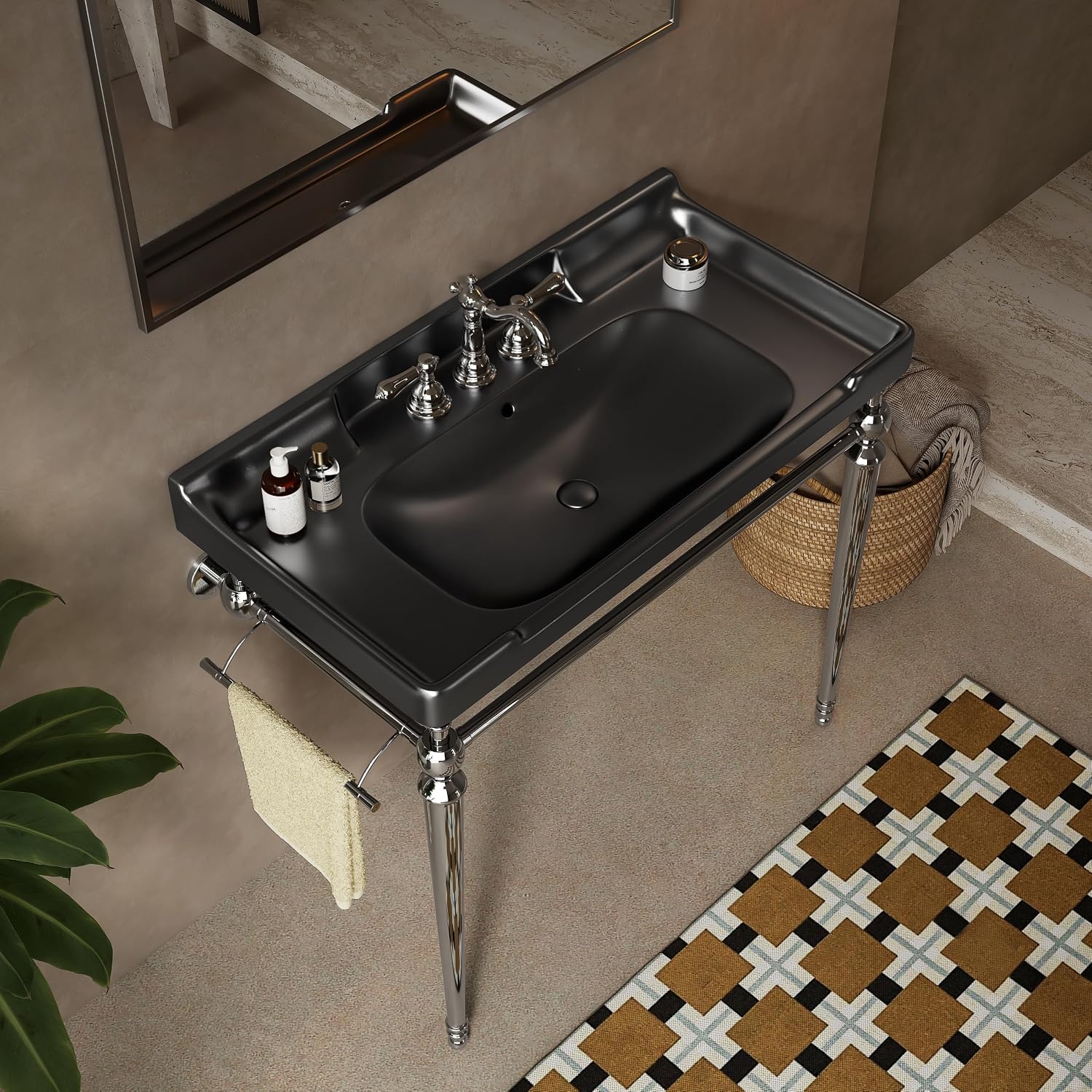 Yayzy 36' Bathroom Vanity with Black Ceramic Sink, Wall-Mounted Console Style, Silver-Finish Stainless Steel Legs & Towel Bar, 3 Faucet Holes, No Faucet
