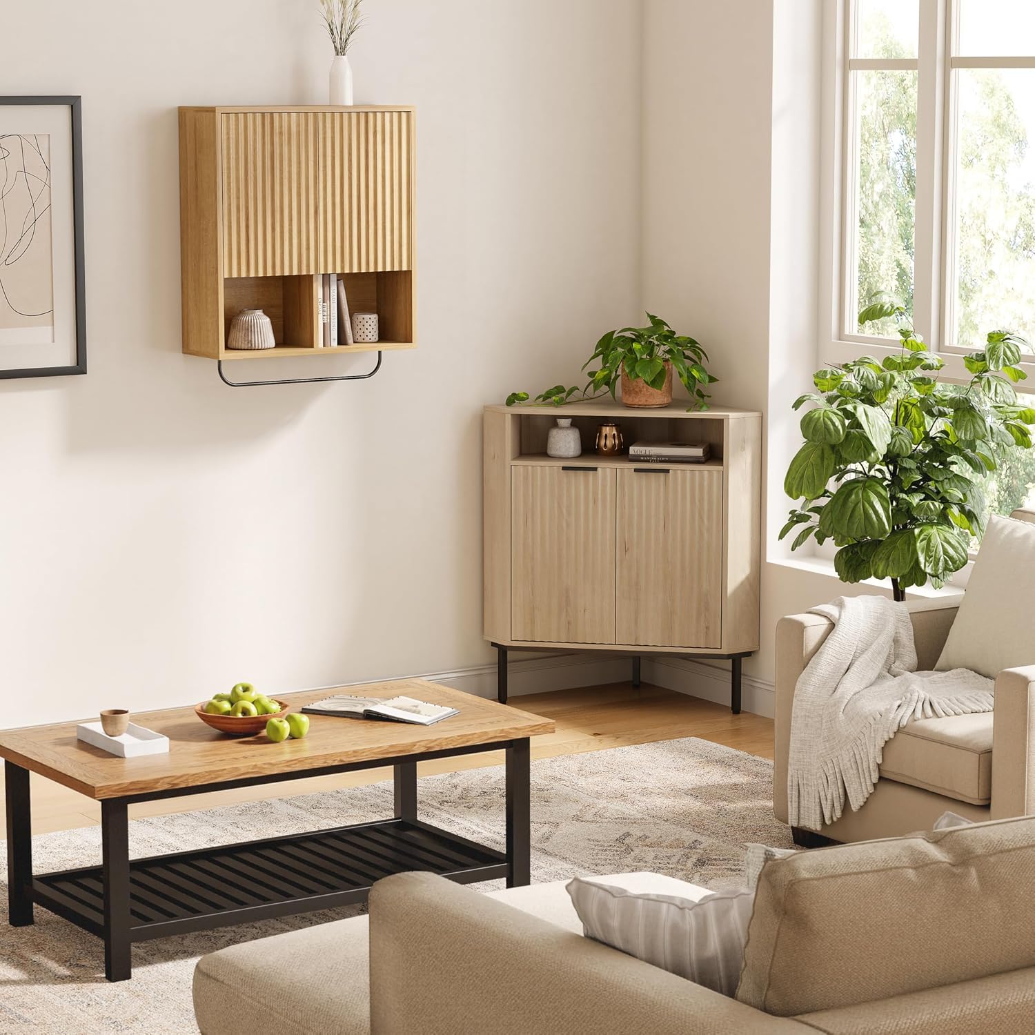 EYYTHUNG Fluted Corner Cabinet, Modern Small Corner Floor Cabinet with 2 Doors & Adjustable Shelf, Wooden Freestanding Narrow Storage Organizer for Small Space,Living Room, Dining Room, Light Oak