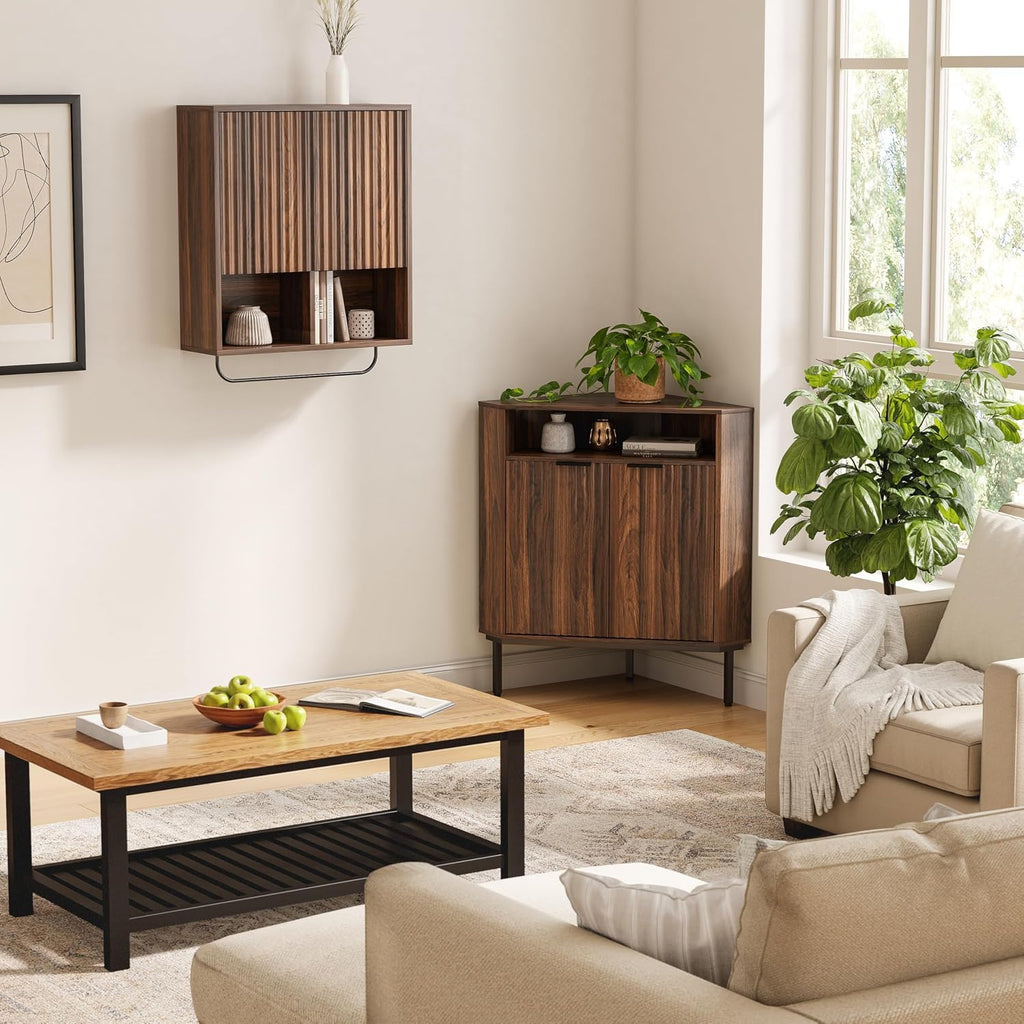 EYYTHUNG Fluted Corner Cabinet with Open Storage, Modern Small Corner Floor Cabinet with 2 Doors & Adjustable Shelf, Wooden Narrow Storage Organizer for Small Space,Living Room, Dining Room, Brown