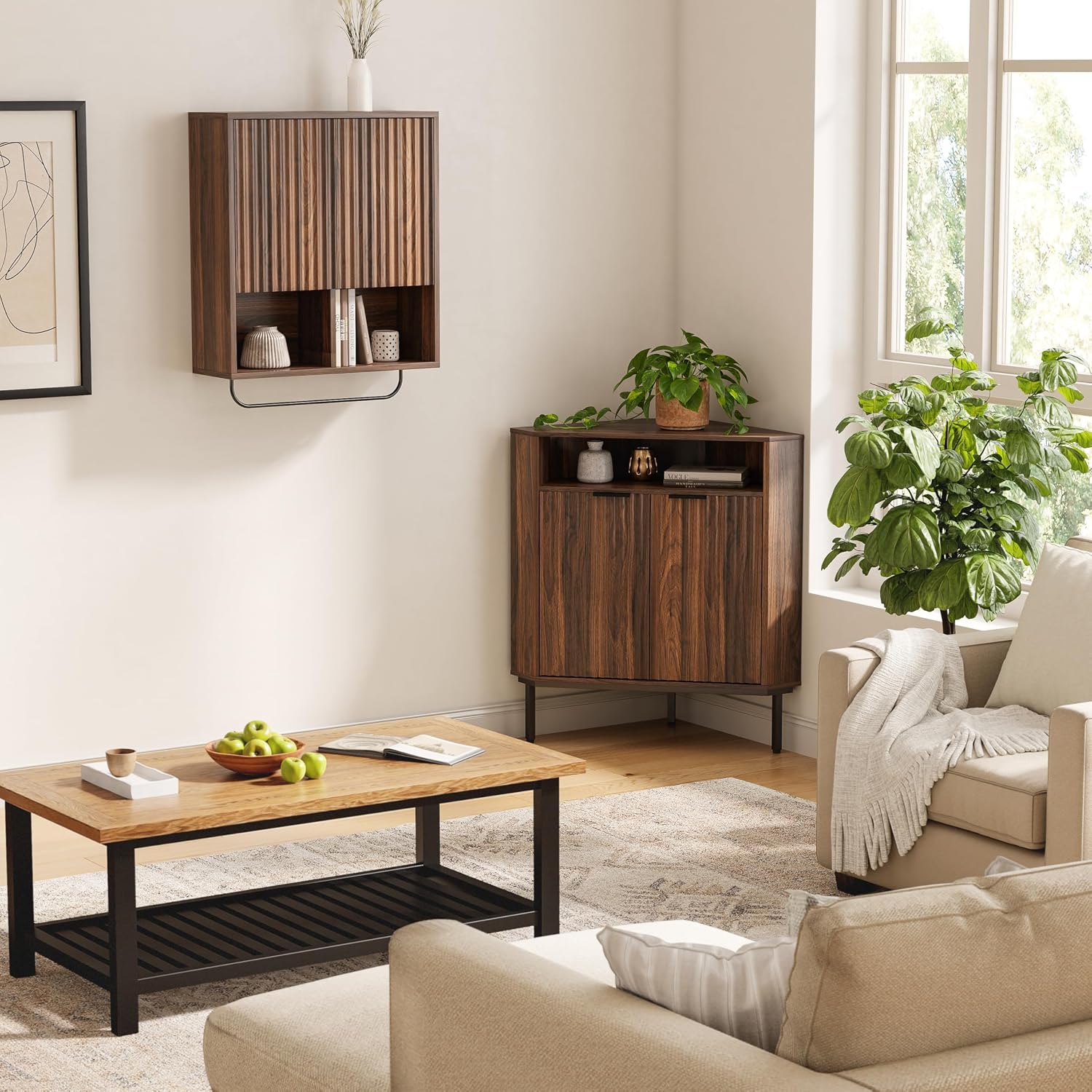 EYYTHUNG Fluted Corner Cabinet with Open Storage, Modern Small Corner Floor Cabinet with 2 Doors & Adjustable Shelf, Wooden Narrow Storage Organizer for Small Space,Living Room, Dining Room, Brown