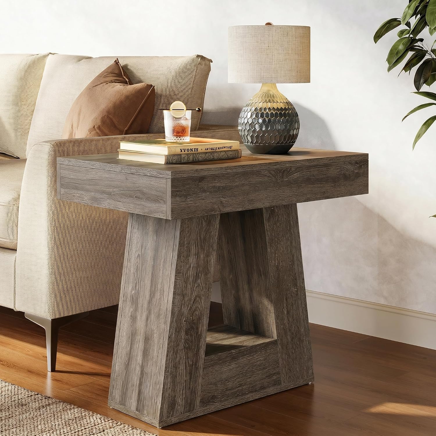 Tribesigns 24' Modern Side Table, 2-Tier Narrow Wooden End Table with Trapezoid Base, Farmhouse Small Nightstand for Living Room, Bedroom (2, Gray)