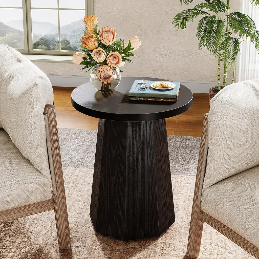 Tribesigns Round Pedestal End Table, Farmhouse Couch Side Table with Octagonal Base, Wooden Drink Stand Accent Nightstand(2, Black)