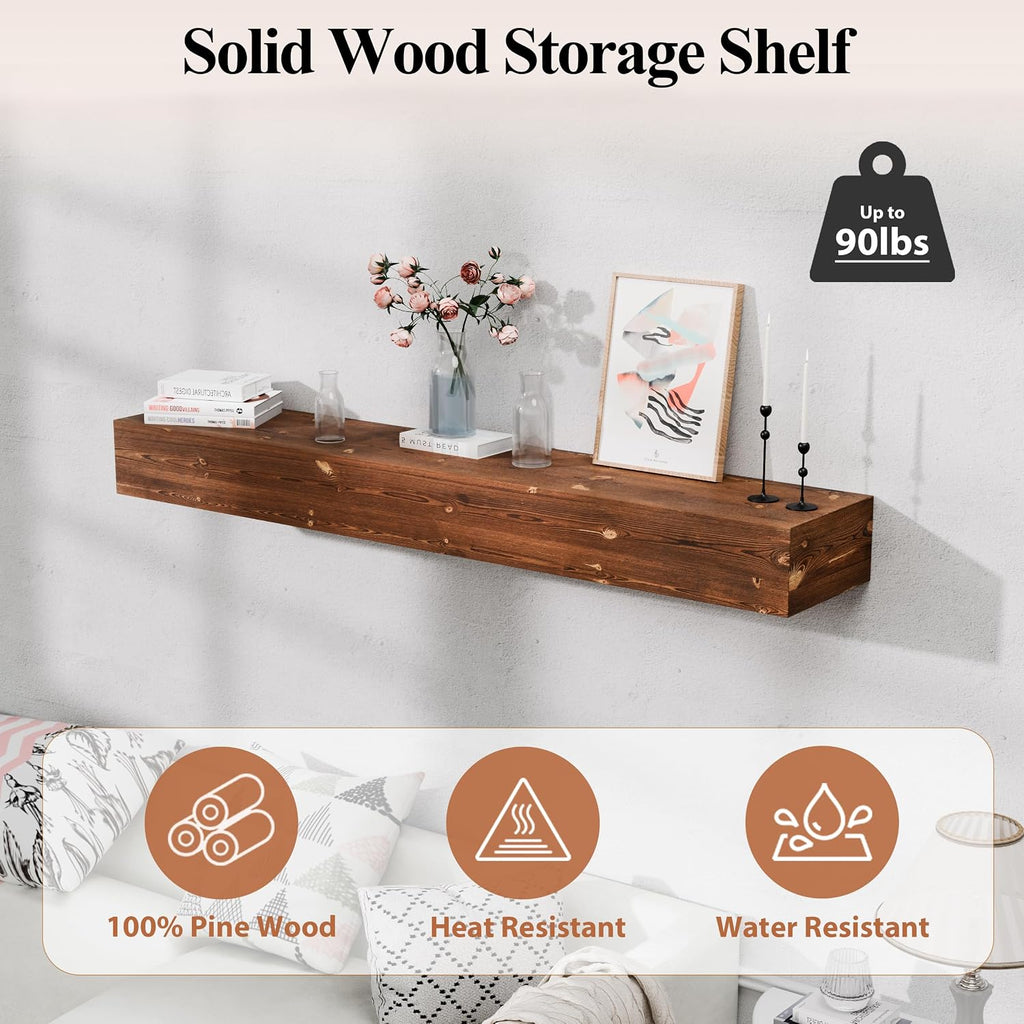 60 Inch Fireplace Mantel Shelf - 8' Deep Solid Wood Floating Mantel for Over Fireplace - 90LBS with Invisible Bracket - Handcrafted TV Decor for Livingroom & Bedroom - Rustic Brown