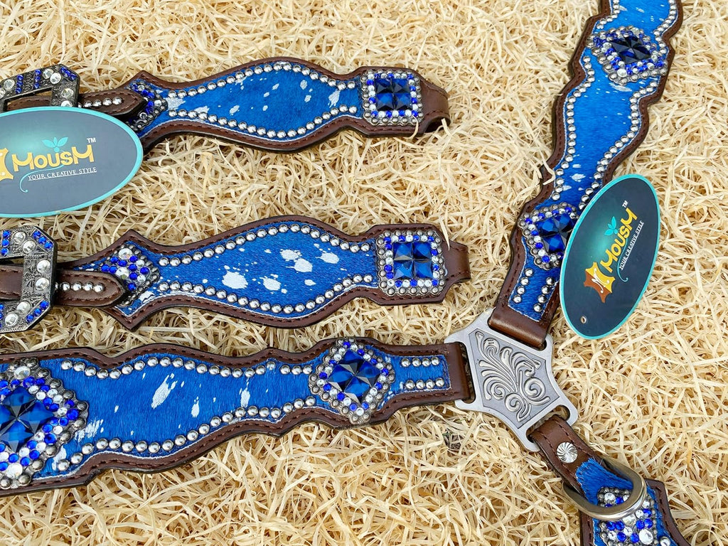 Western Leather Headstall & Breast Collar Set for Horses - Valentine's Day Silver Metallic Cowhide with Rhinestones