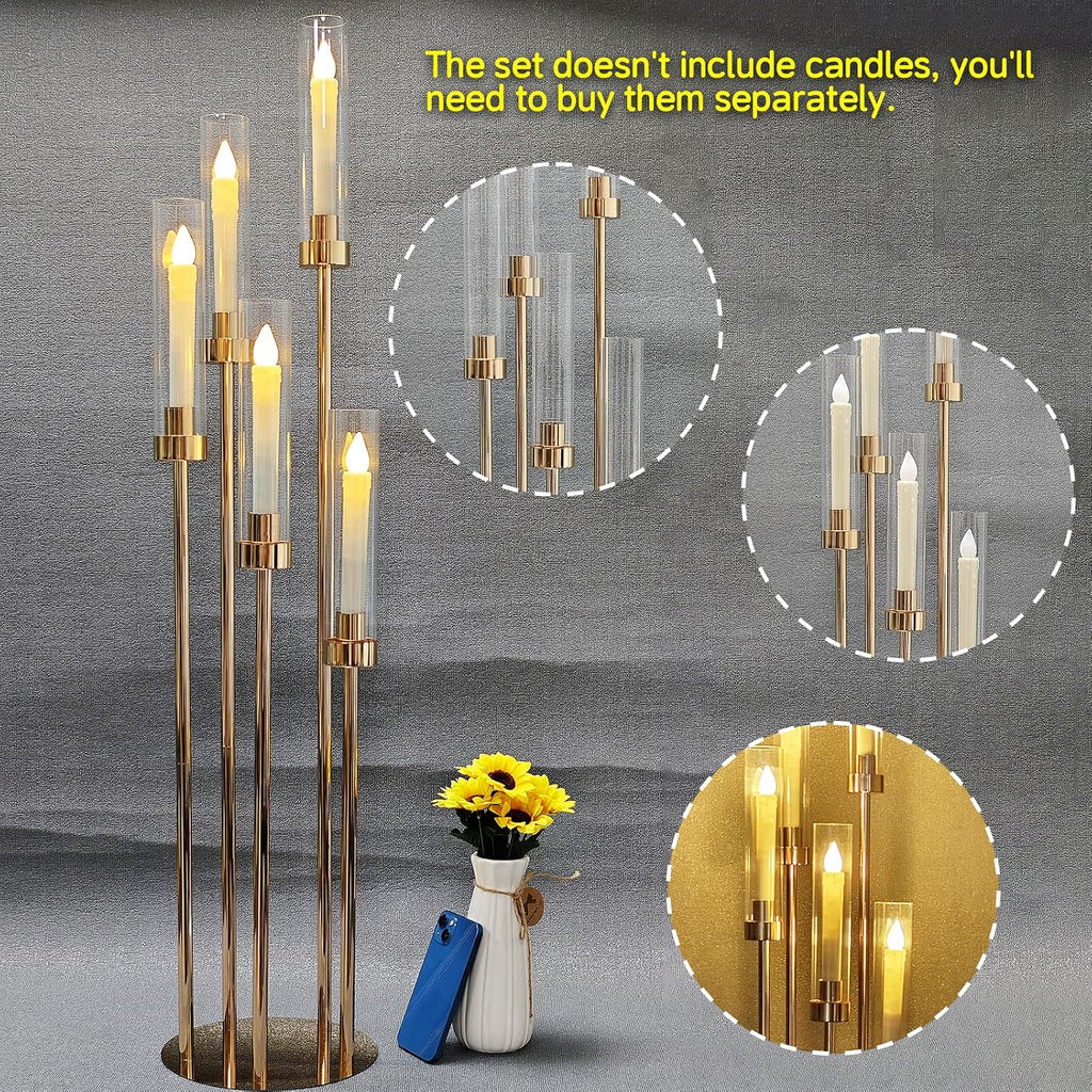 6 Set 5 Arms Golden Candle Holder with Acrylic Lampshade, 41.3'' Tall Candlesticks Holder for Christmas Wedding Housewarming Gift,Metal Candle Holders Candlestick Centerpiece,Fit 0.87'' LED Candle