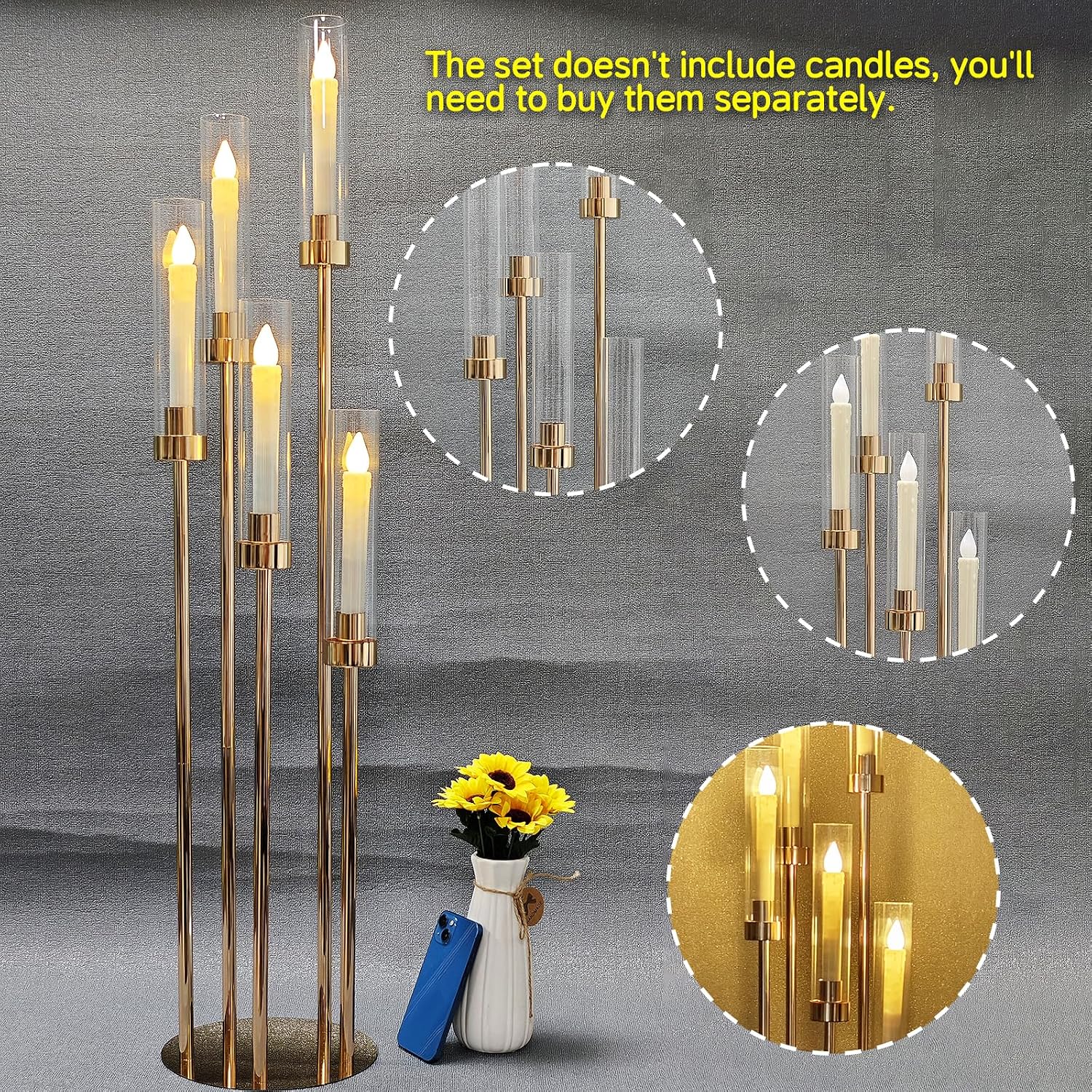 6 Set 5 Arms Golden Candle Holder with Acrylic Lampshade, 41.3'' Tall Candlesticks Holder for Christmas Wedding Housewarming Gift,Metal Candle Holders Candlestick Centerpiece,Fit 0.87'' LED Candle