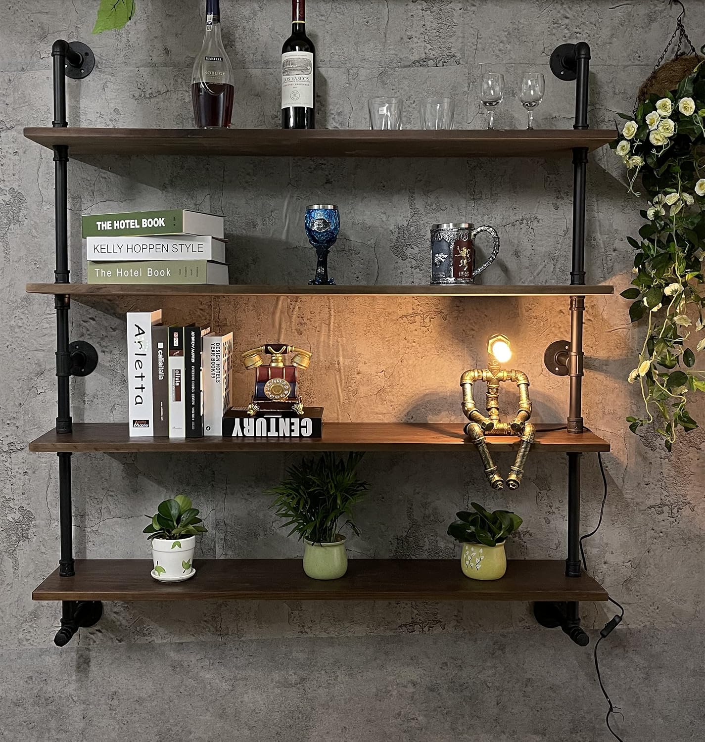 Industrial Pipe Wall Shelves With Real Wood Plank, 48 Inches Floating Shelves for Wall, 4 Tier Farmhouse Book Shelves, Dark Brown for Kitchen, Living Room Decor and Bar