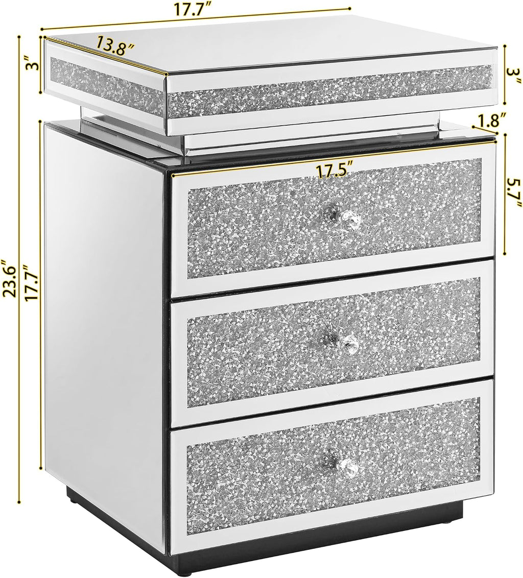 Mirrored Nightstand with 3 Drawers, Silver Nightstand with Crystal Inlay, Mirror End Table, Modern Bedside Table, Glass Table for Bedroom