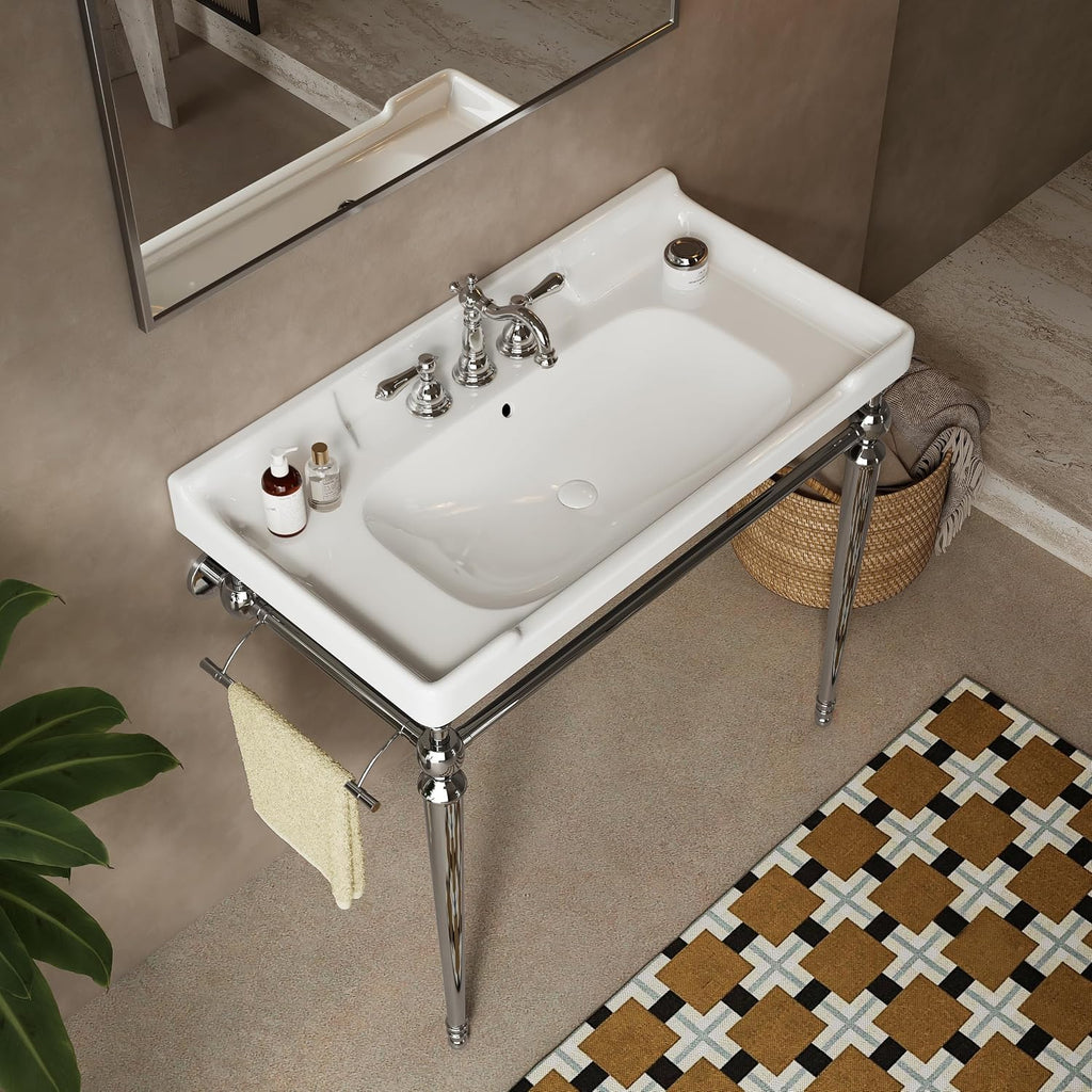 Yayzy 36' Bathroom Vanity with White Ceramic Sink, Wall-Mounted Console Style, Silver-Finish Stainless Steel Legs & Towel Bar, 3 Faucet Holes, No Faucet