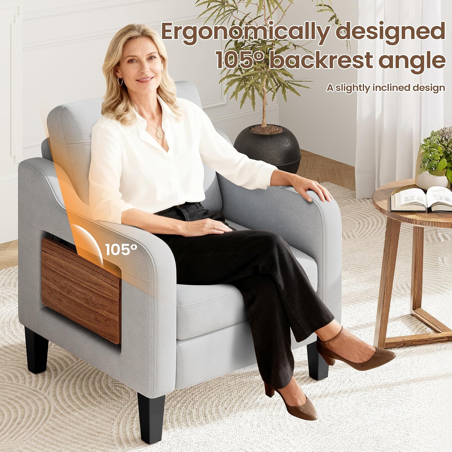 Accent Chair for Living Room Modern Linen Upholstered Armchair Side Wooden Fabric Sofa Chair with Foldable Table 2 Side Pockets Comfy Reading Chair for Bedroom