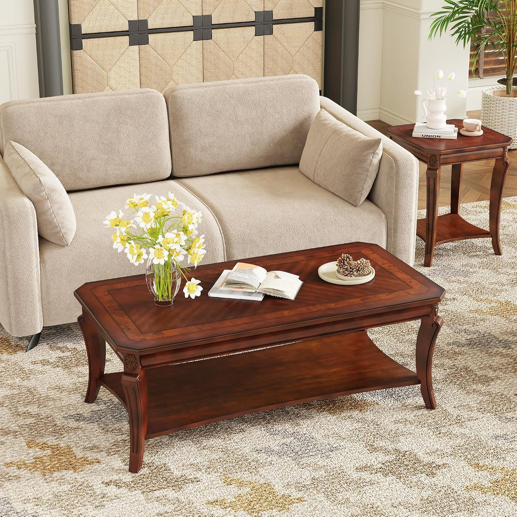 Large Coffee Table with Shelf for Living Room, Rectangle Solid Wood Cocktail Table with Open Storage Shelf, Mid-Century Modern Sofa Center Tables, 47.2'L x 23.6'W x 17.9'H, Cherry Brown KFZ-A1168-WD