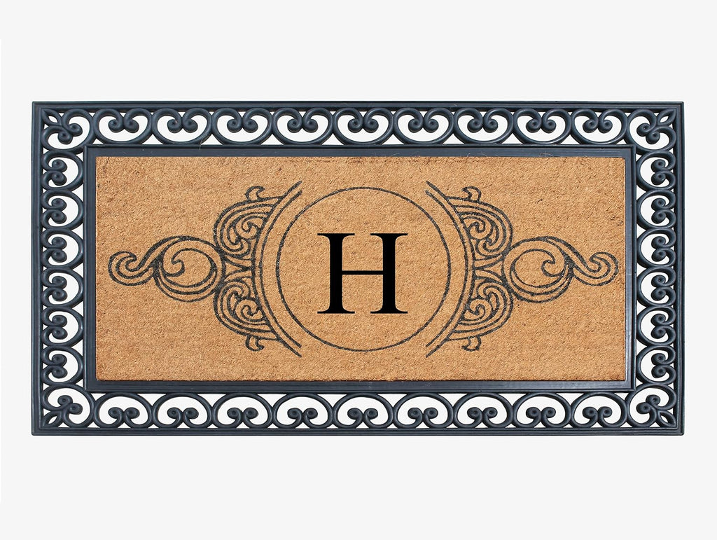 A1HC Natural Coir Monogrammed Doormat 30'x48', Anti-Shed Treated Durable Front Door Mat for Outside Entrance, Heavy Duty, Low Profile, Easy to Clean, Long Lasting Entrymat - H, Floral Black