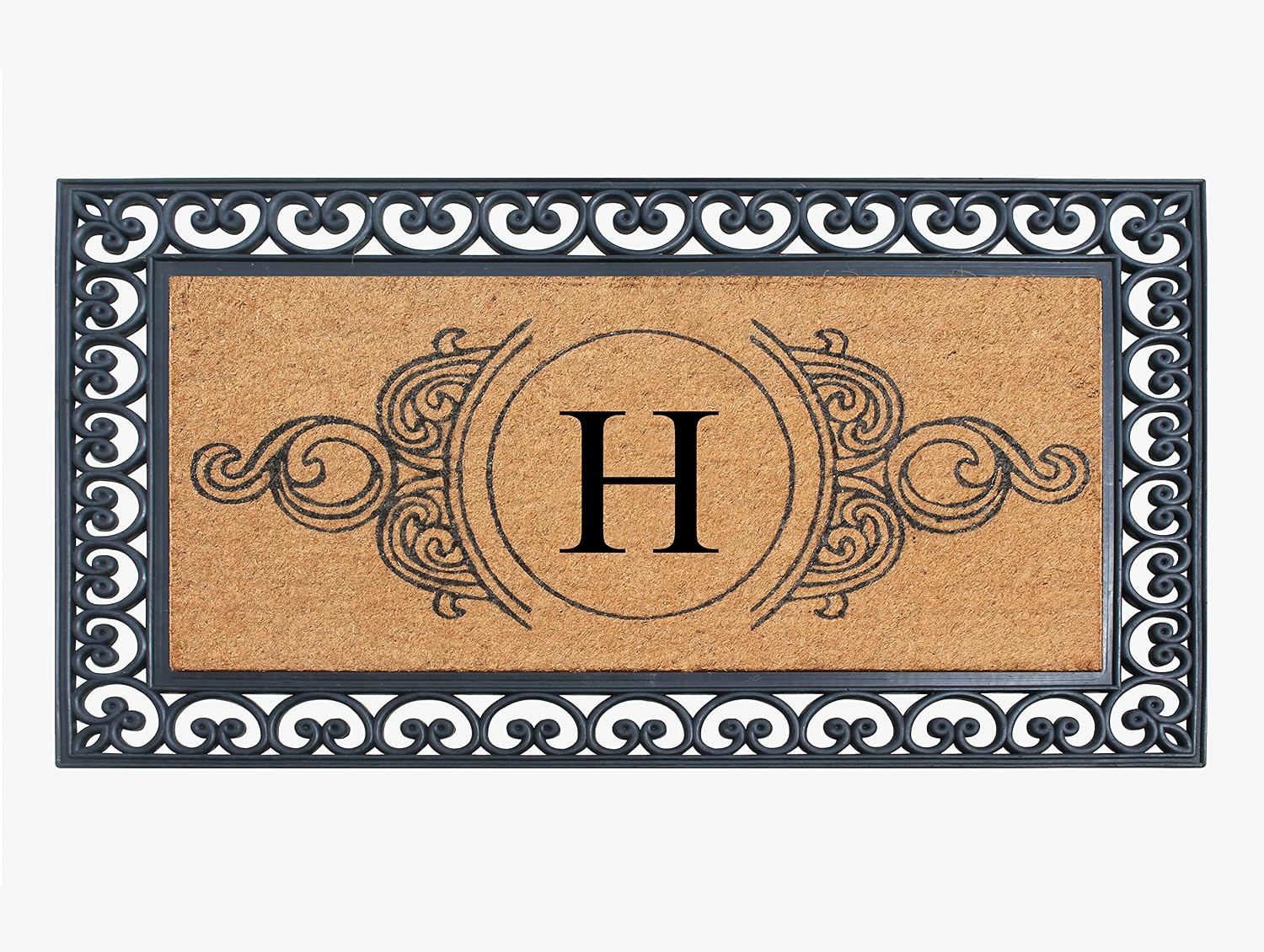 A1HC Natural Coir Monogrammed Doormat 30'x48', Anti-Shed Treated Durable Front Door Mat for Outside Entrance, Heavy Duty, Low Profile, Easy to Clean, Long Lasting Entrymat - H, Floral Black