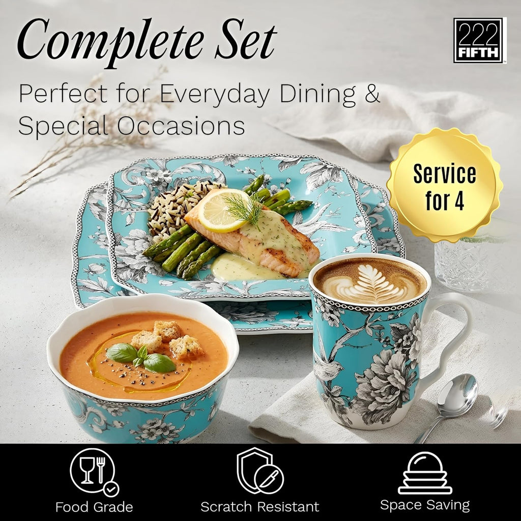 222 Fifth Adelaide Turquoise 16-Piece Porcelain Dinnerware Set | Microwave and Dishwasher Safe Dining Set for 4 | Stackable and Chip-Resistant Plates Bowls and Cups | Gift for Housewarming & Wedding
