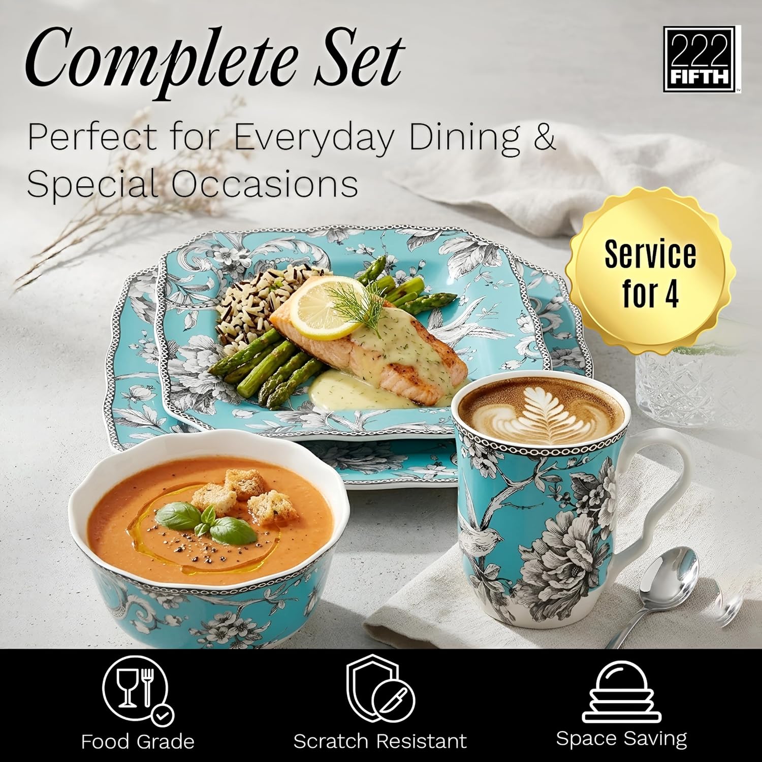 222 Fifth Adelaide Turquoise 16-Piece Porcelain Dinnerware Set | Microwave and Dishwasher Safe Dining Set for 4 | Stackable and Chip-Resistant Plates Bowls and Cups | Gift for Housewarming & Wedding