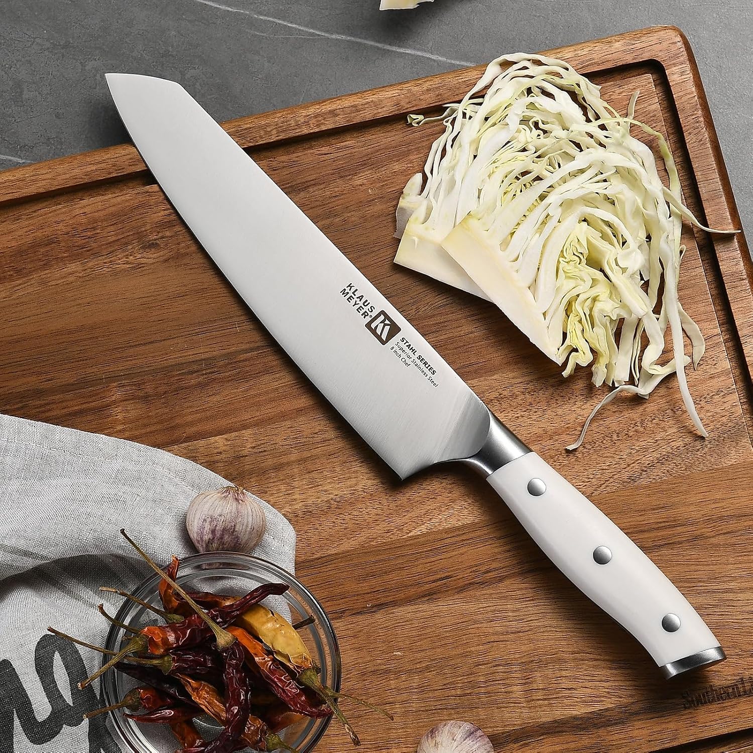 Klaus Meyer 19-Piece Knife Block Set, High Carbon German Stainless Steel (Stahl), Full-Tang Handles with Sharpener (White)