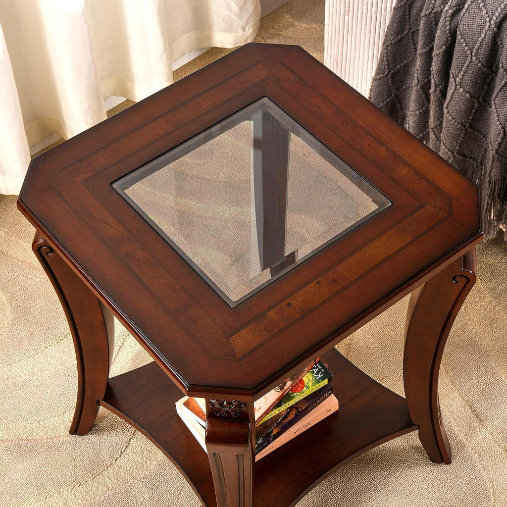 Square End Side Table with Tempered Glass Top, Farmhouse BesideTable with Storage Shelf, Living Room Table with Solid Wood Carved Legs, American Home Table,Easy Assembly,Cherry Brown CJZ-A1168-GT