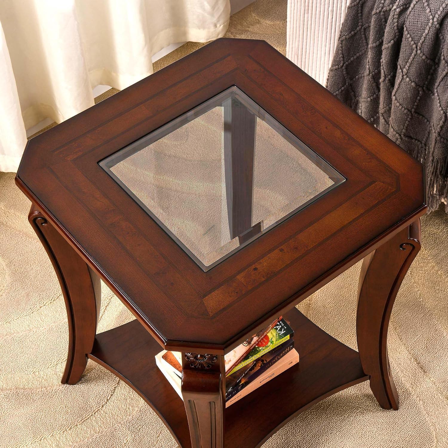 Square End Side Table with Tempered Glass Top, Farmhouse BesideTable with Storage Shelf, Living Room Table with Solid Wood Carved Legs, American Home Table,Easy Assembly,Cherry Brown CJZ-A1168-GT