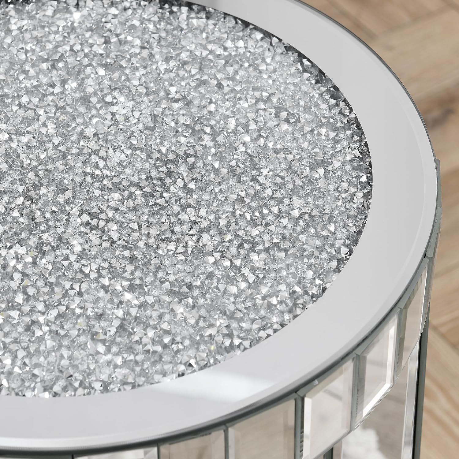 Mirrored Round End Table with Crystal, 2-Layer Modern Small Sofa Table with Storage Space, Silver Decorative Table for Living Room, Bedroom