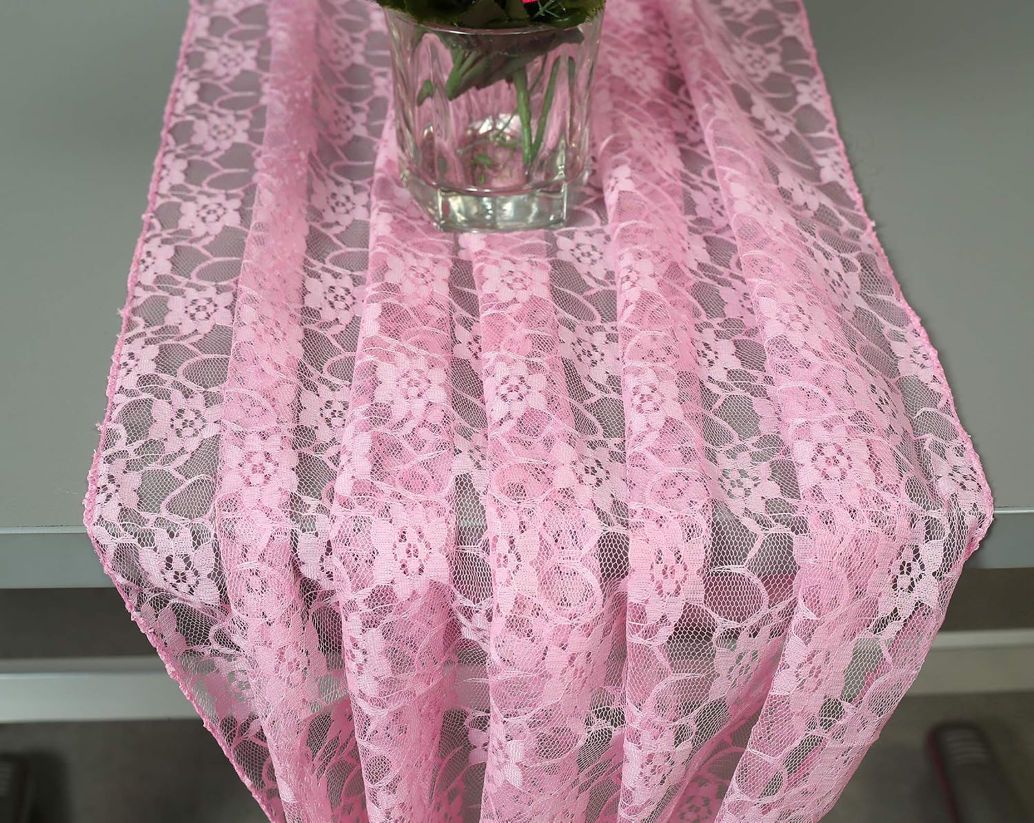 MDS Pack of 12 Wedding 27 x 170 inches Long Sheer lace Table Runner for Wedding Banquets Decorations Birthday Parties, Engagements, Rustic Boho for 14Feet Table Runners - Pink