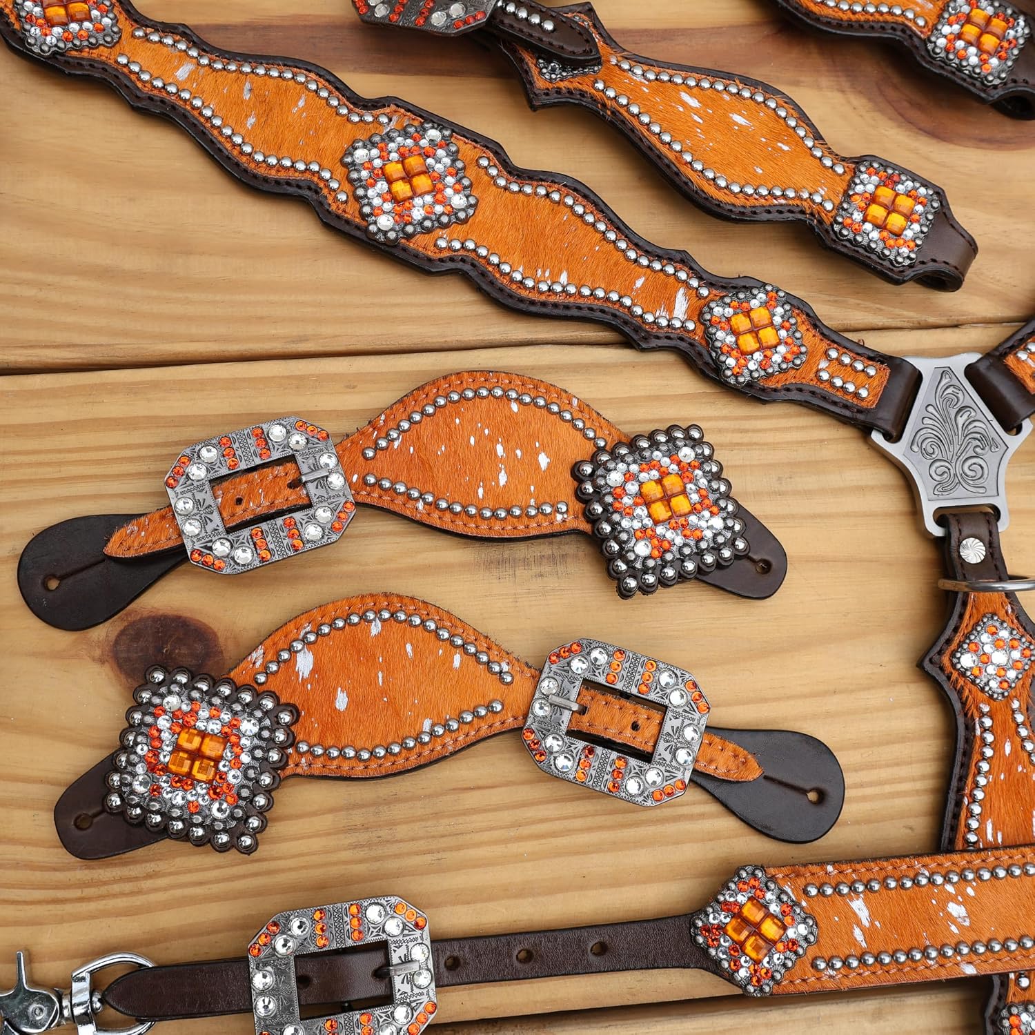 Handmade Western Headstall, Breast Collar, Spur Strap, Wither Strap Tack Set for Horse with Orange and Silver Metallic Acid Wash Cowhide Look