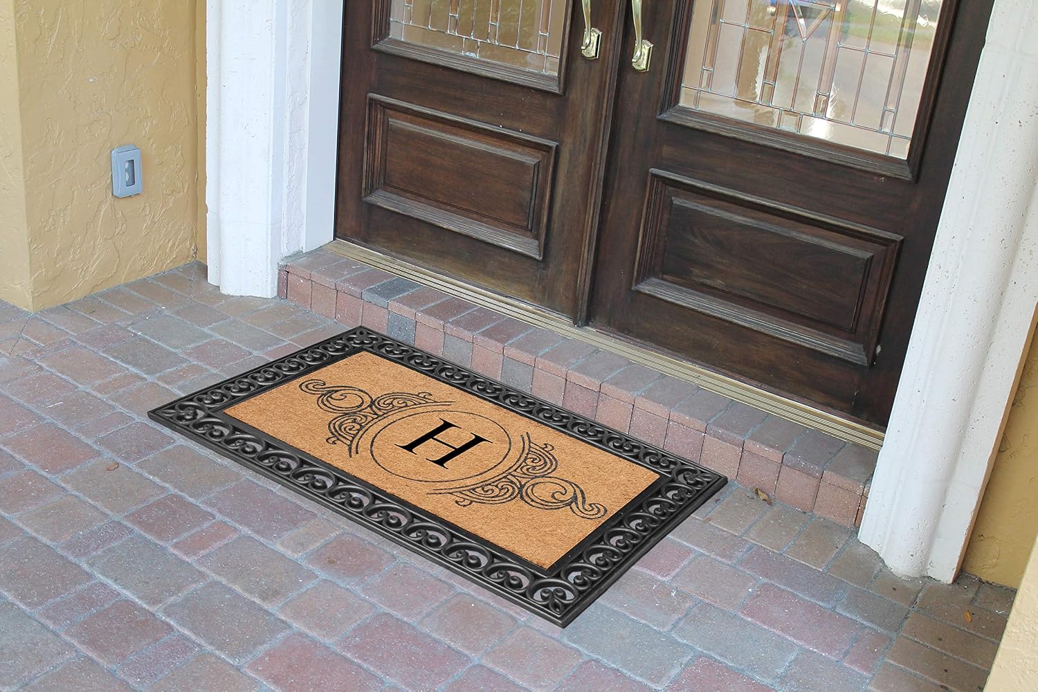 A1HC Natural Coir Monogrammed Doormat 30'x48', Anti-Shed Treated Durable Front Door Mat for Outside Entrance, Heavy Duty, Low Profile, Easy to Clean, Long Lasting Entrymat - H, Floral Black
