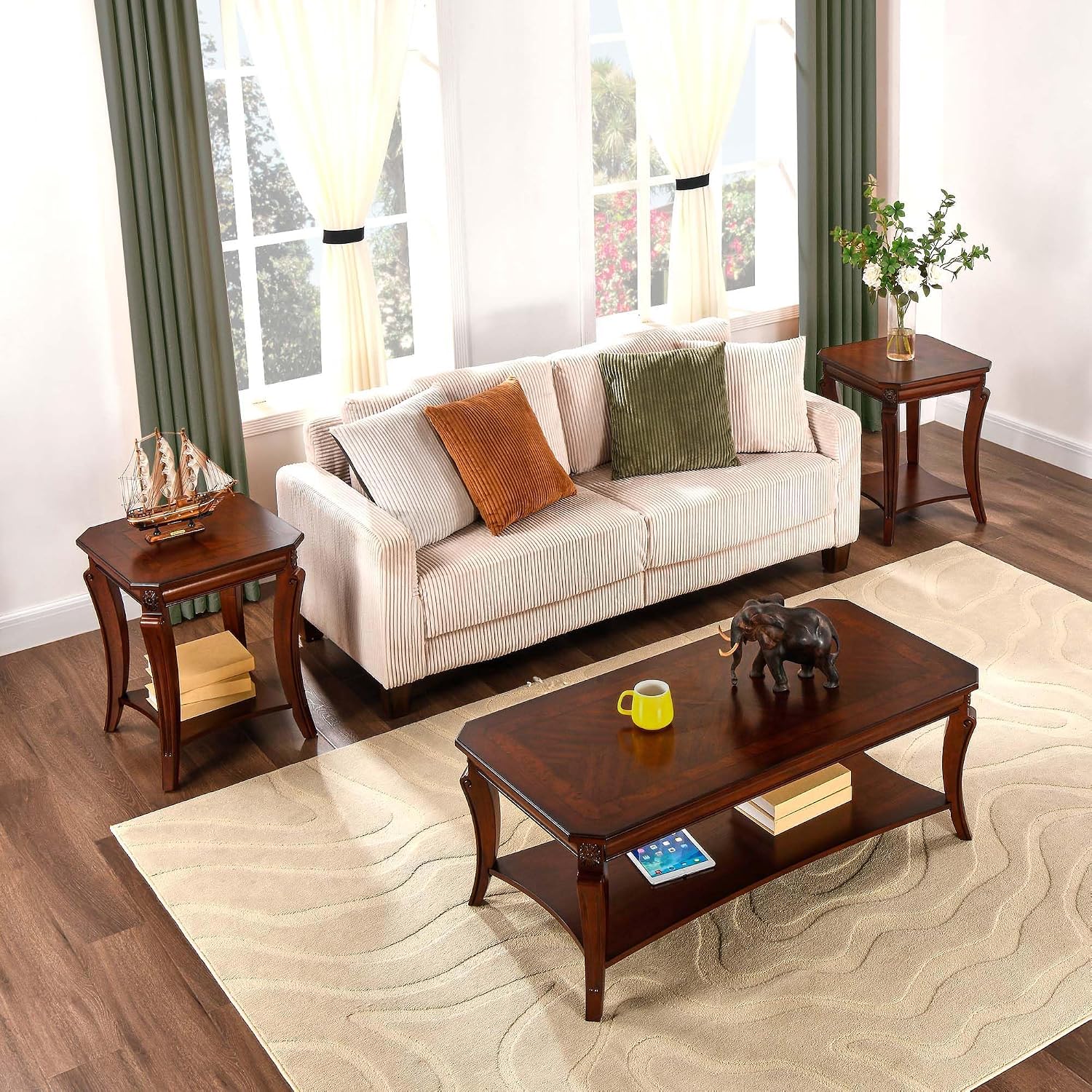 Square End Table with Storage Shelf, Farmhouse Sofa Side Tables for Living Room, Solid Wood Beside Table- With Floral Tabletop,Telephone Tabless, 19.7'D x 19.7'W x 23.8'H Cherry Brown CJZ-A1168-WD