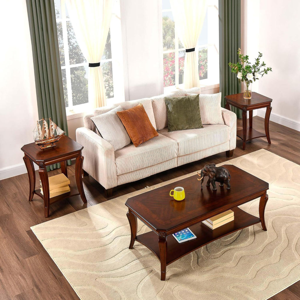 Traditional Living Room Tables Set of 3- One Coffee Table and Two End Table with Carved Tabletop and Leg, Farmhouse Cocktail Table with Storage Shelf, Cherry Brown KFZ- CJZ-A1168-WD