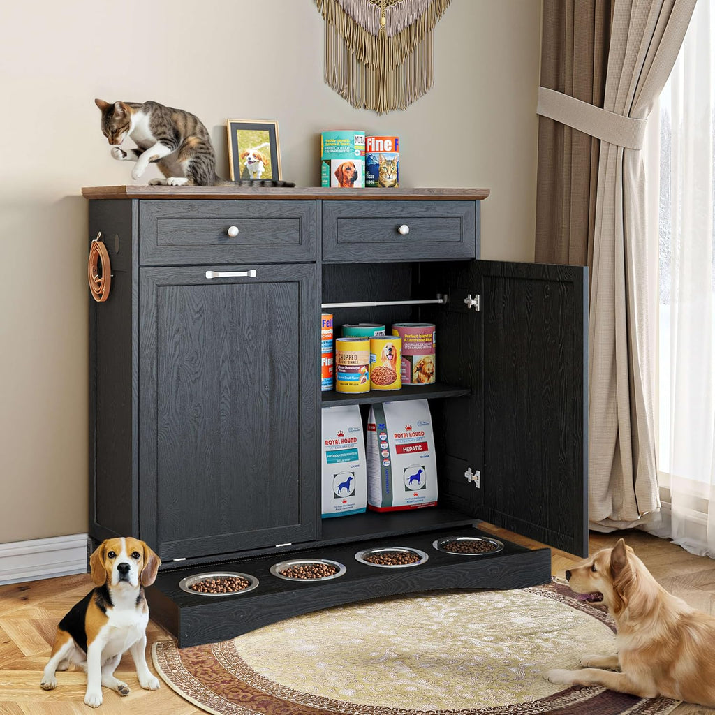 FIMELLO 39.7''W Dual Doors Dog Food Storage Cabinet, Tilt-Out Dog Feeding Station with 4 Feeding Bowls, Pet Feeder Cabinet, Black Grain