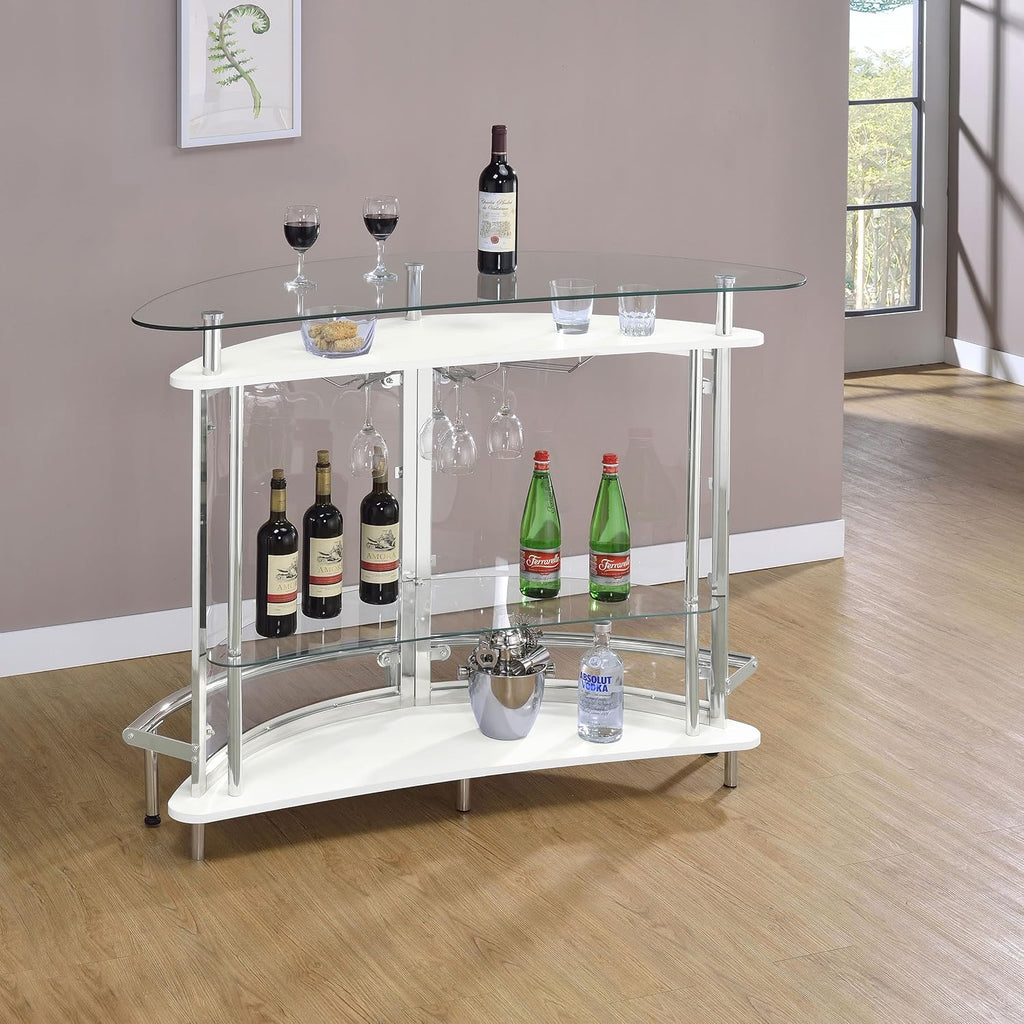 Coaster Home Furnishings Amarillo Glass Top Freestanding Home Bar Cabinet, Modern Liquor Cabinet with 2 Shelves and Wine Glass Rack, White