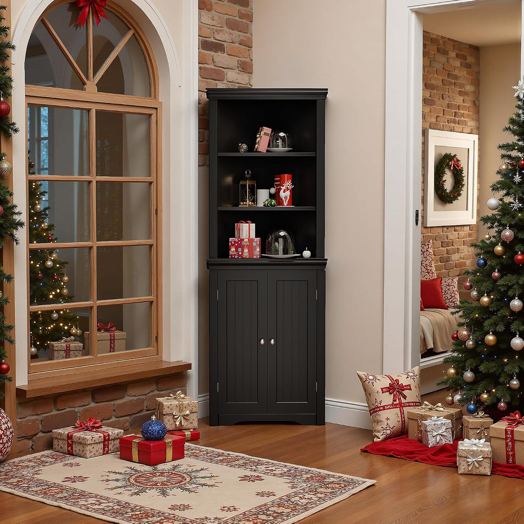 Furmax 62' Corner Cabinet, Bathroom Storage Cabinet with 6 Adjustable Shelves & 2 Doors, Freestanding Corner Shelf for Living Room, Bathroom, Kitchen (Black)