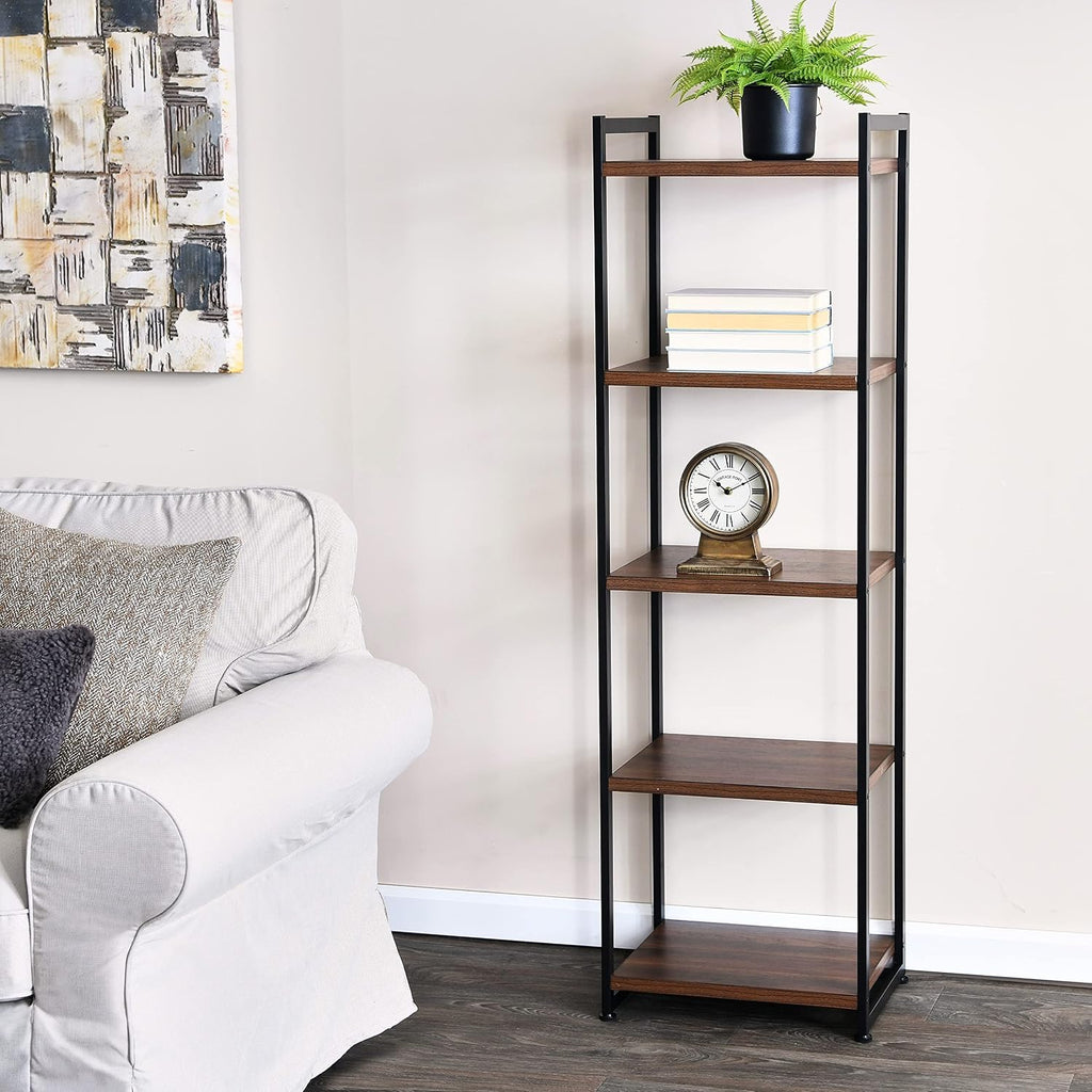 Household Essentials Narrow 5‑Shelf Open Storage Bookshelf, Mid‑Century Walnut Wood Grain with Black Metal Frame