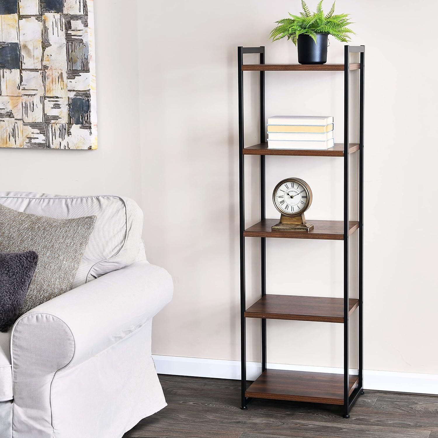 Household Essentials Narrow 5‑Shelf Open Storage Bookshelf, Mid‑Century Walnut Wood Grain with Black Metal Frame