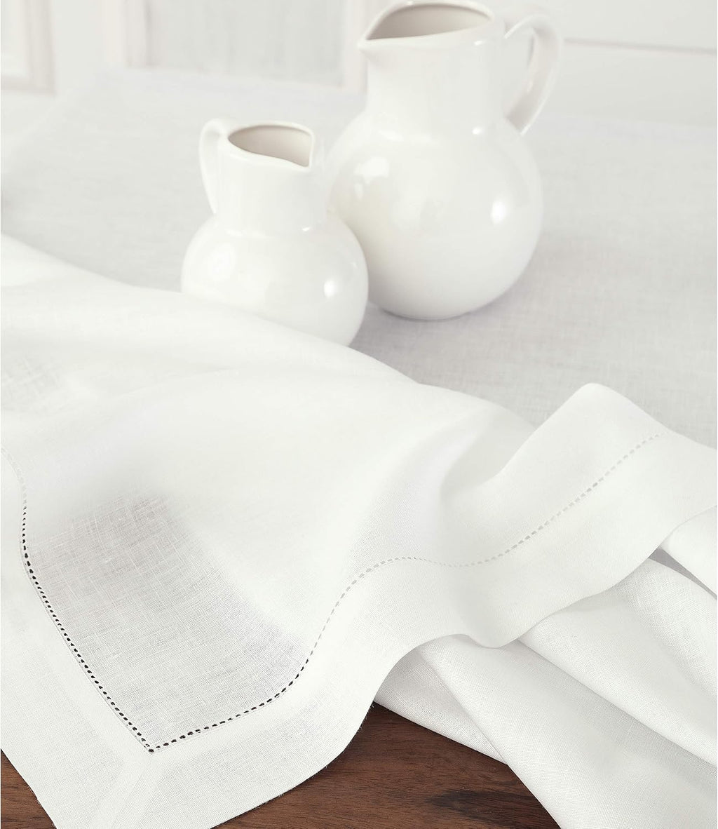 Solino Home Linen Tablecloth for Rectangle Tables 60 x 84 Inch - Classic Hemstitch 100% Pure Linen White Table Cloth - Machine Washable Cloth Tablecloth for Summer, 4th of July