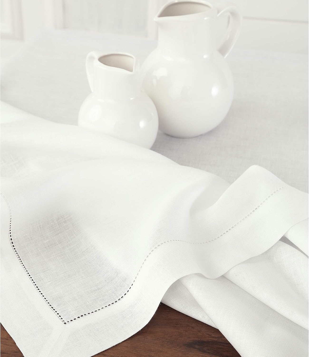 Solino Home White Linen Tablecloth 60 x 120 Inch - 100% Pure Linen Hemstitch Table Cloth for Rectangle Tables - Classic Hemstitch, Machine Washable Tablecloth for Summer, 4th of July