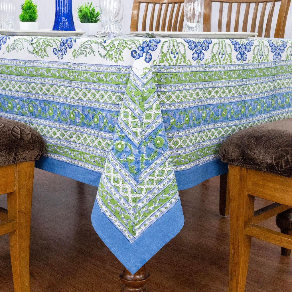 Home Spun & Crafts 72x190 Inches Rectangle Hand Block Printed Cotton Tablecloth, Green Blue Floral Table Cloths Washable, Indian Table Linen Thanksgiving Dining Fall Outdoor